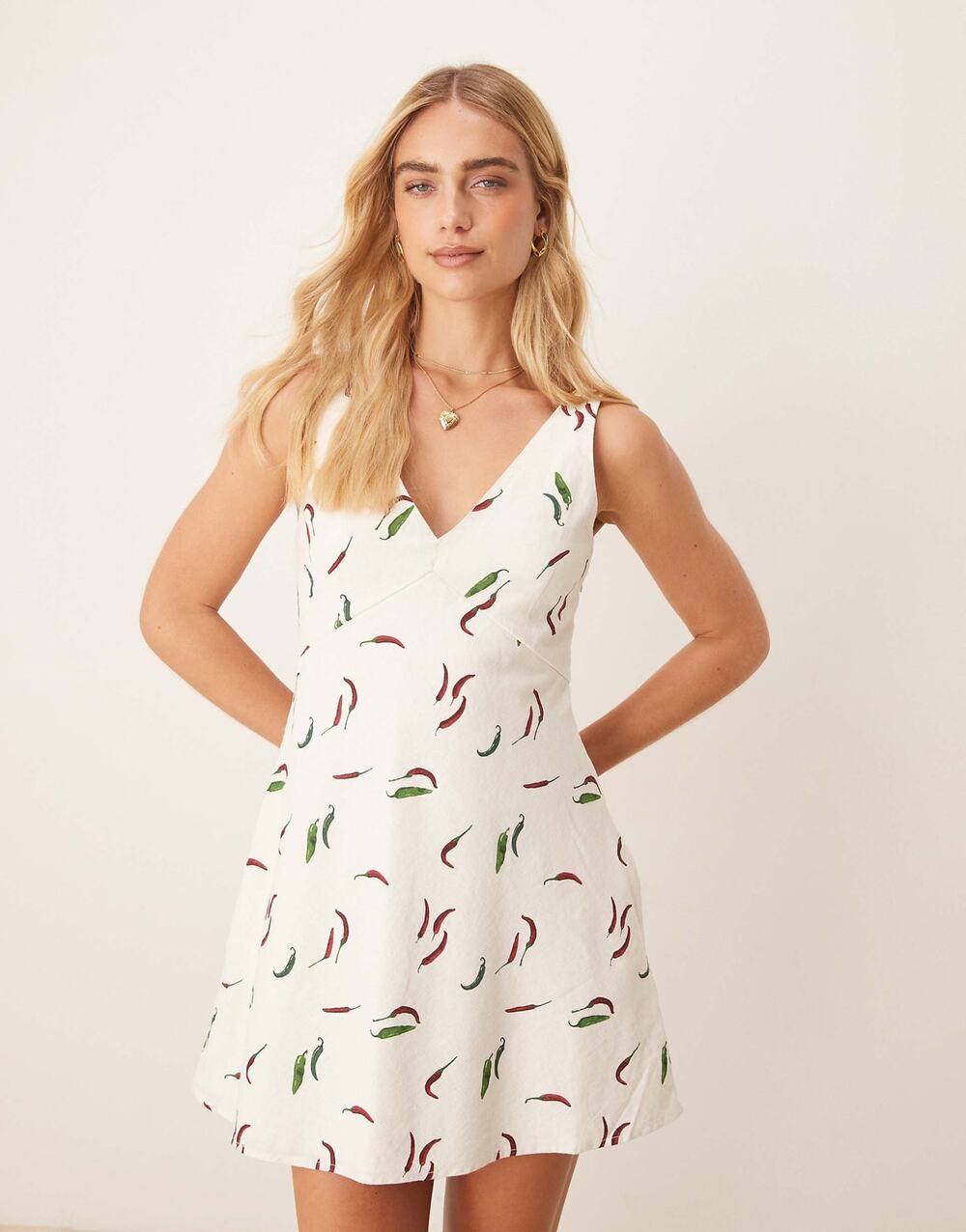 Abercrombie & Fitch V-Neck Linen Blend Pepper Print Mini Dress White XLT